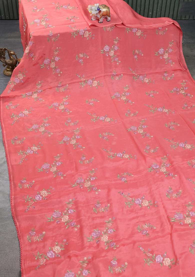 Chiffon Silk Saree Peach Shade With Floral Embroidery And Lace Work Border With Embroidered Design For Women - Indya