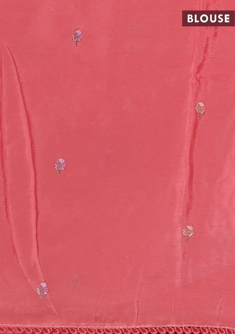 Chiffon Silk Saree Peach Shade With Floral Embroidery And Lace Work Border With Embroidered Design For Women - Indya