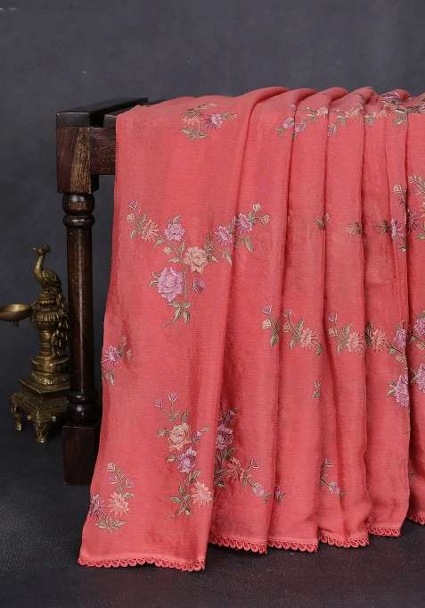 Chiffon Silk Saree Peach Shade With Floral Embroidery And Lace Work Border With Embroidered Design For Women