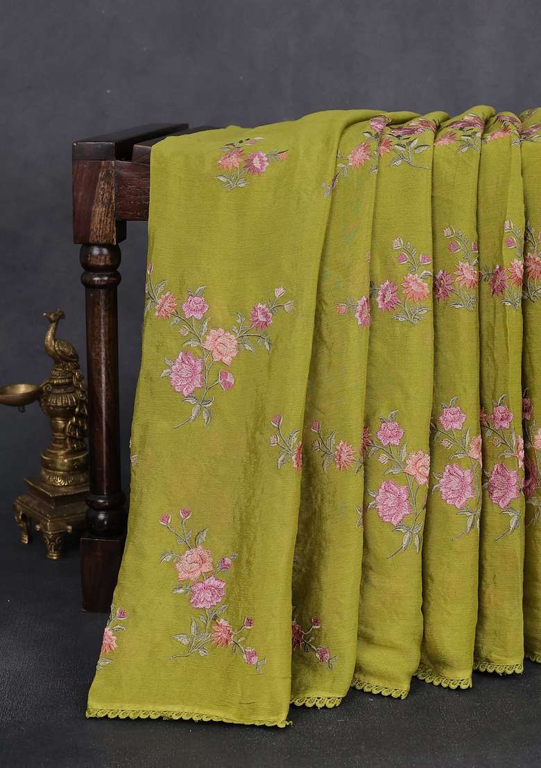 Chiffon Silk Saree Lime Green With Floral Embroidery And Lace Work Border With Embroidered Design For Women - Indya
