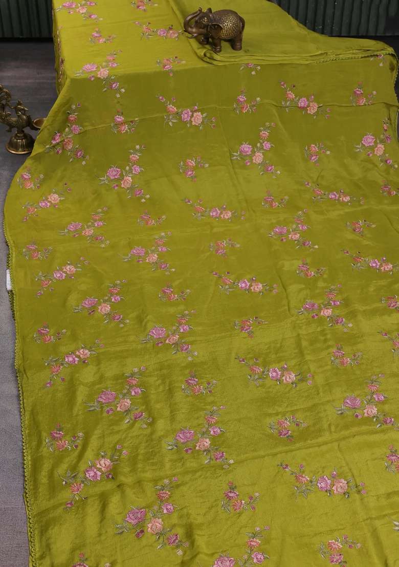 Chiffon Silk Saree Lime Green With Floral Embroidery And Lace Work Border With Embroidered Design For Women - Indya