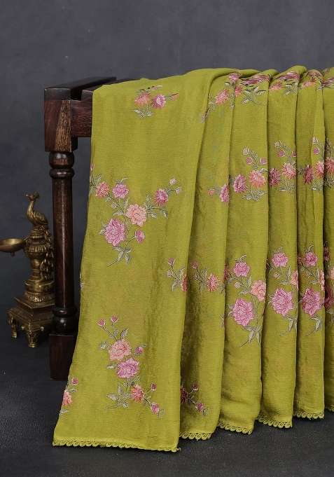 Chiffon Silk Saree Lime Green With Floral Embroidery And Lace Work Border With Embroidered Design For Women