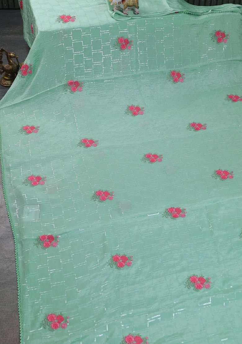 Chiffon Silk Saree Pastel Green With Sequin Work Floral Embroidery And Lace Work Border With Embroidered Design For Women - Indya