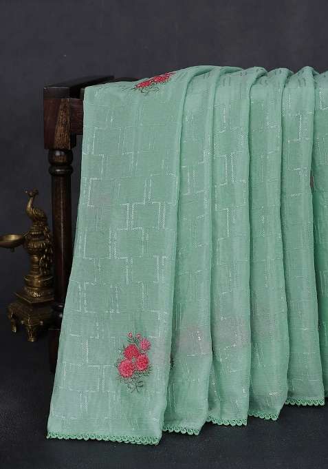 Chiffon Silk Saree Pastel Green With Sequin Work Floral Embroidery And Lace Work Border With Embroidered Design For Women