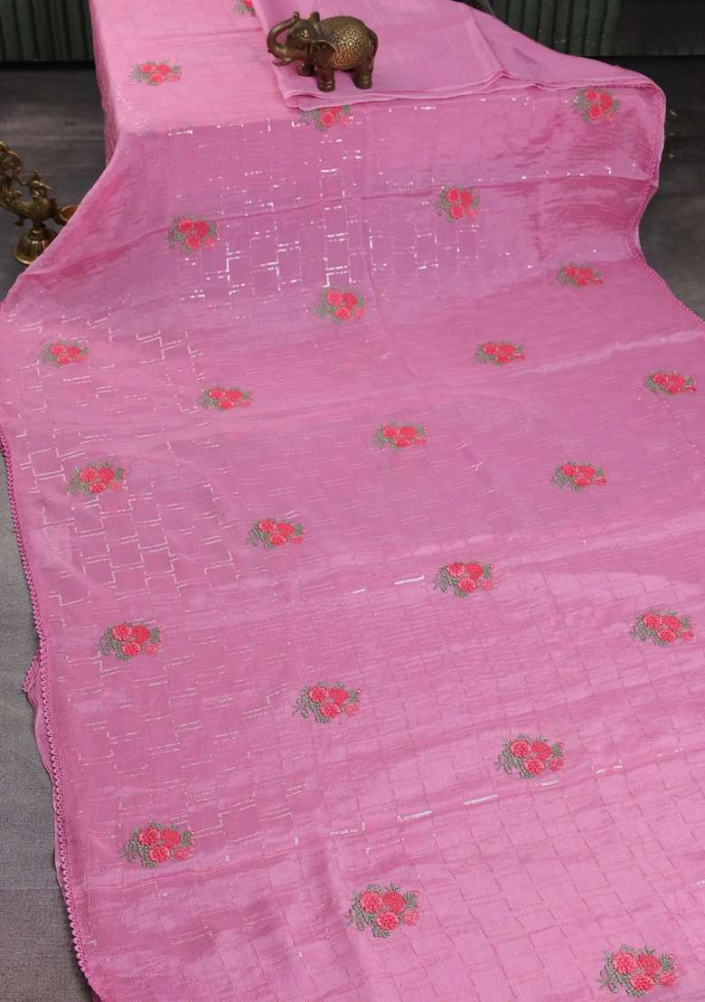 Chiffon Silk Saree Light Pink With Sequin Work Floral Embroidery And Lace Work Border With Embroidered Design For Women - Indya