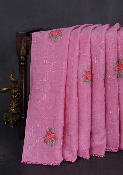 Chiffon Silk Saree Light Pink With Sequin Work Floral Embroidery And Lace Work Border With Embroidered Design For Women
