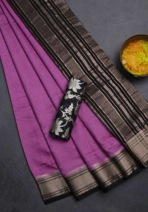 Semi Mangalgiri Art Silk Saree Lavender And Black With Plain Body And Zari Woven Border With Traditional Woven Design For Women