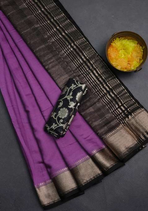 Semi Mangalgiri Art Silk Saree Lavender Shade And Black With Plain Body And Zari Woven Border With Traditional Woven Design For Women
