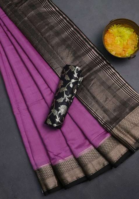 Semi Mangalgiri Art Silk Saree Lavender Shade And Black With Plain Body And Zari Woven Border With Traditional Woven Design For Women