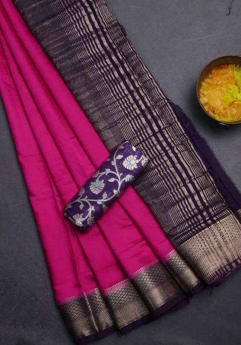 Semi Mangalgiri Art Silk Saree Pink And Deep Purple With Plain Body And Zari Woven Border With Traditional Woven Design For Women