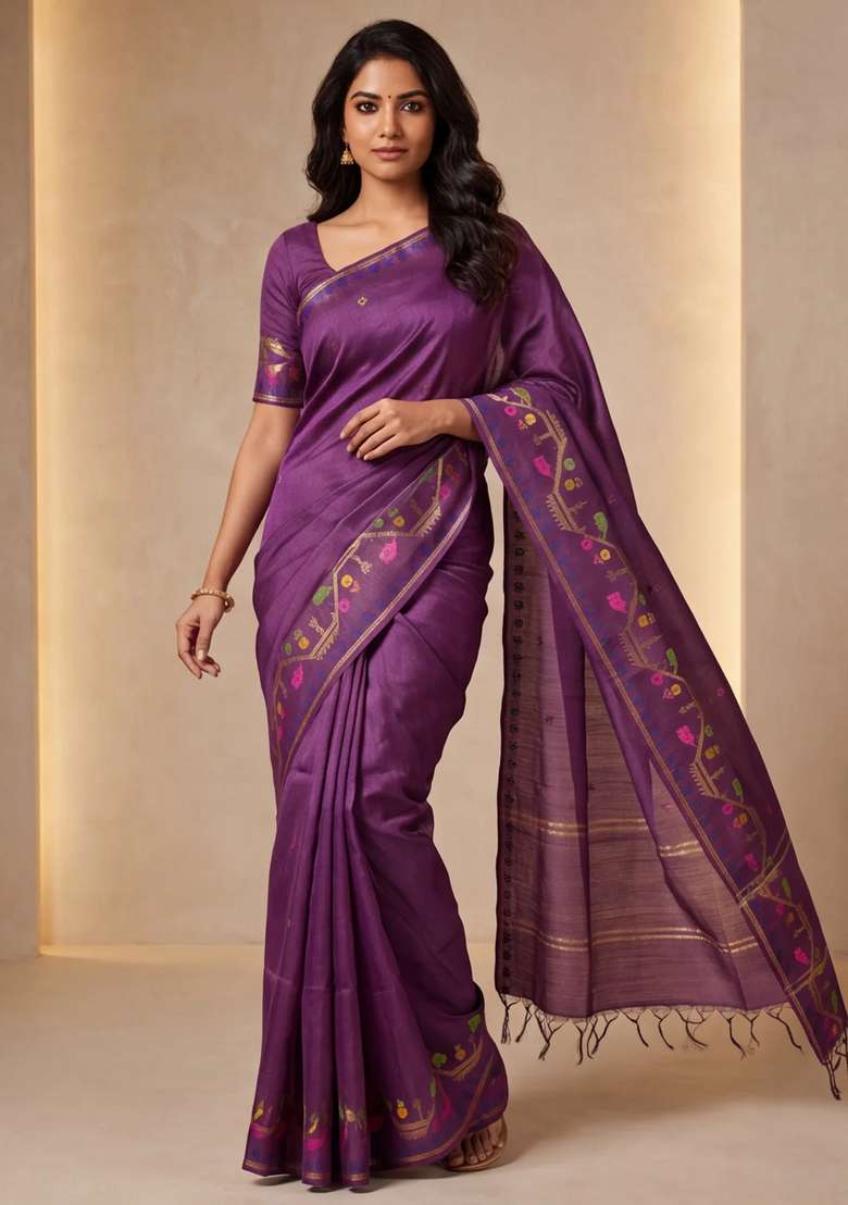 Munga Tussar Silk Saree Wine Shade With Thread Woven Buttas And Woven Border With Buttas And Brocade Design For Women - Indya