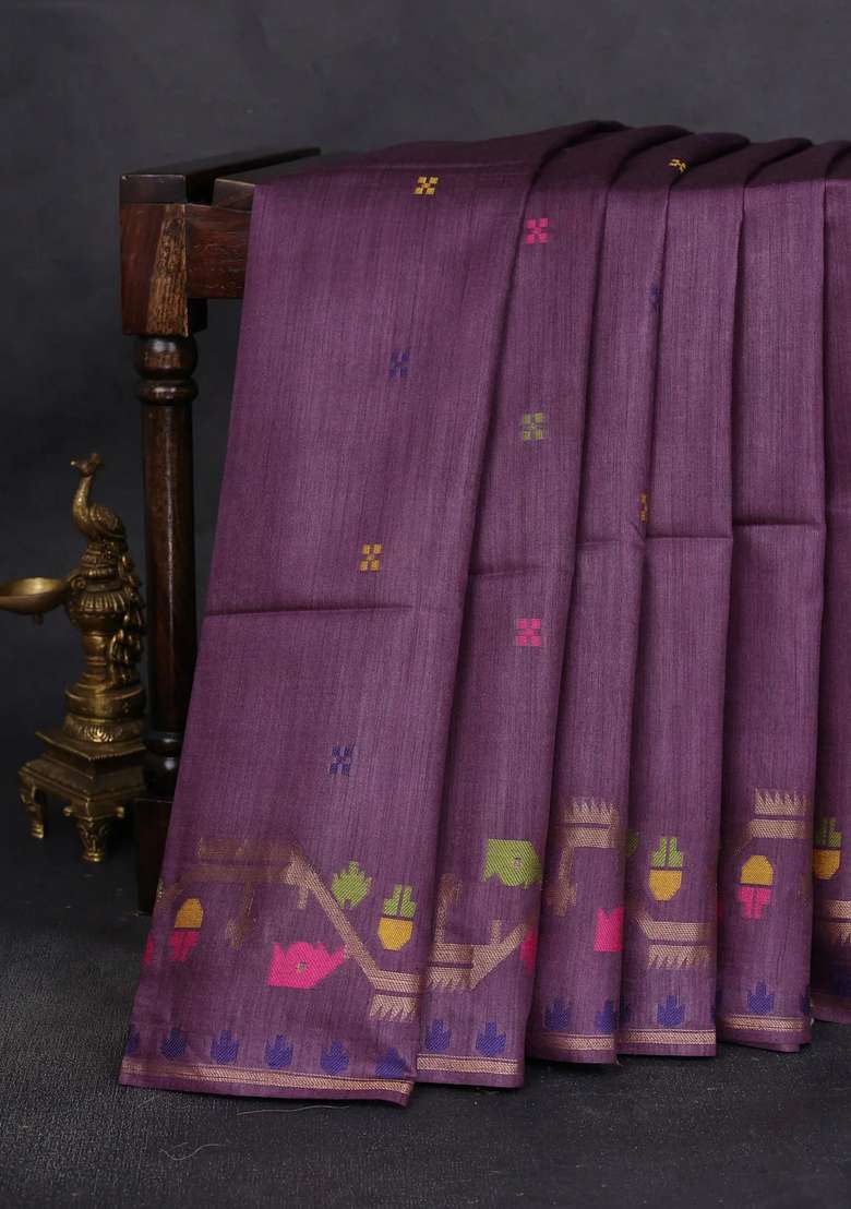 Munga Tussar Silk Saree Wine Shade With Thread Woven Buttas And Woven Border With Buttas And Brocade Design For Women - Indya