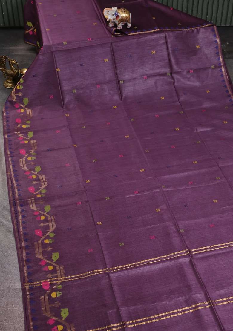 Munga Tussar Silk Saree Wine Shade With Thread Woven Buttas And Woven Border With Buttas And Brocade Design For Women - Indya