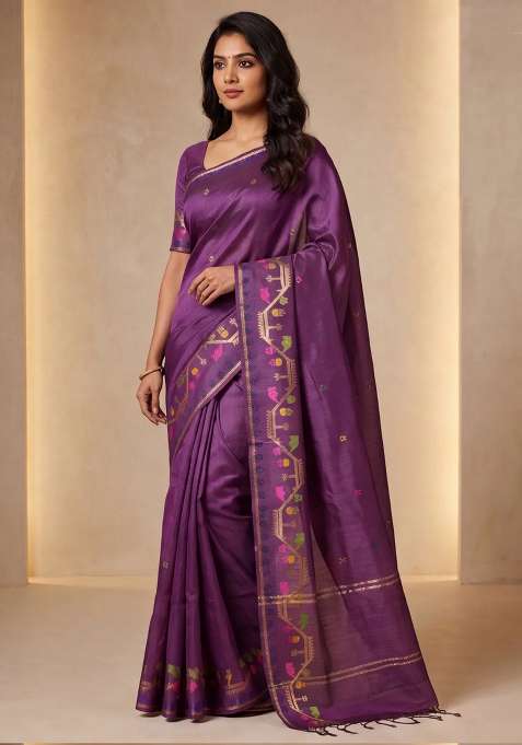Munga Tussar Silk Saree Wine Shade With Thread Woven Buttas And Woven Border With Buttas And Brocade Design For Women