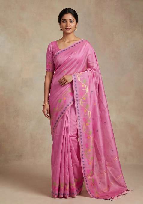 Munga Tussar Silk Saree Light Pink With Thread Woven Buttas And Woven Border With Buttas And Brocade Design For Women