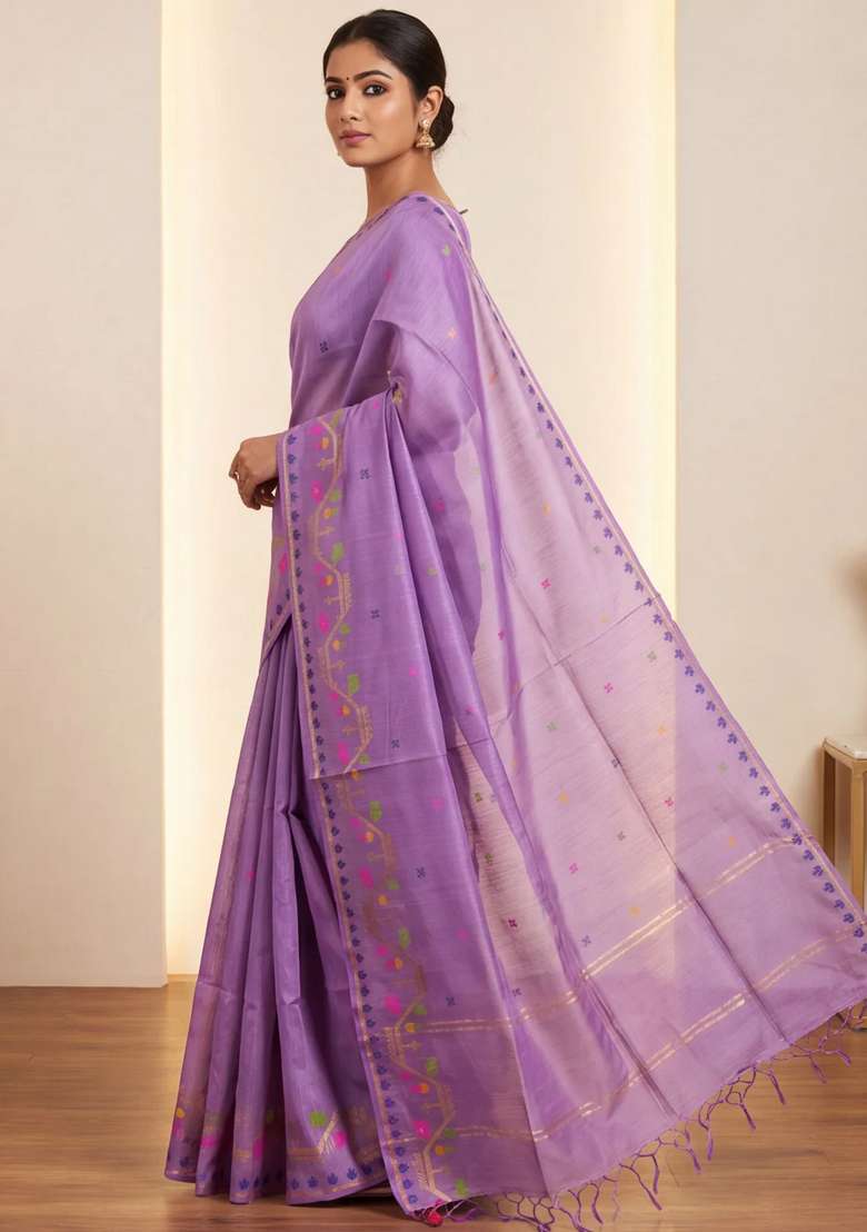 Munga Tussar Silk Saree Lavender With Thread Woven Buttas And Woven Border With Buttas And Brocade Design For Women - Indya
