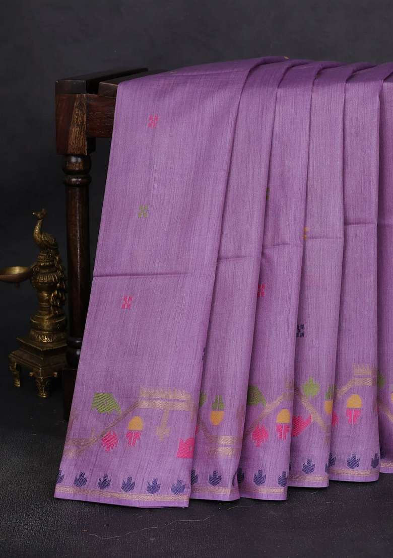 Munga Tussar Silk Saree Lavender With Thread Woven Buttas And Woven Border With Buttas And Brocade Design For Women - Indya