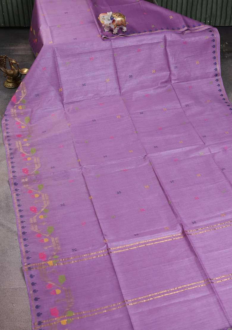 Munga Tussar Silk Saree Lavender With Thread Woven Buttas And Woven Border With Buttas And Brocade Design For Women - Indya