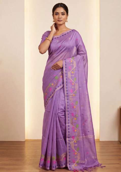 Munga Tussar Silk Saree Lavender With Thread Woven Buttas And Woven Border With Buttas And Brocade Design For Women