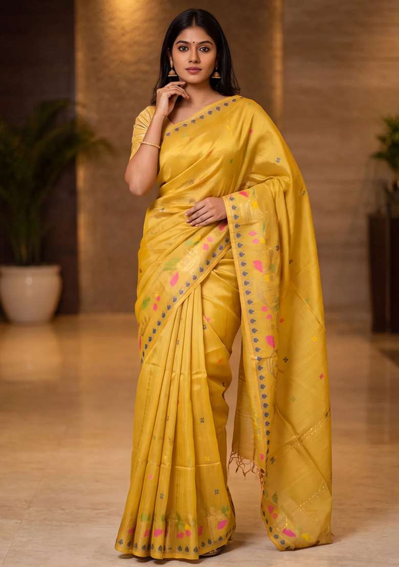 Munga Tussar Silk Saree Mustard Yellow With Thread Woven Buttas And Woven Border With Buttas And Brocade Design For Women - Indya