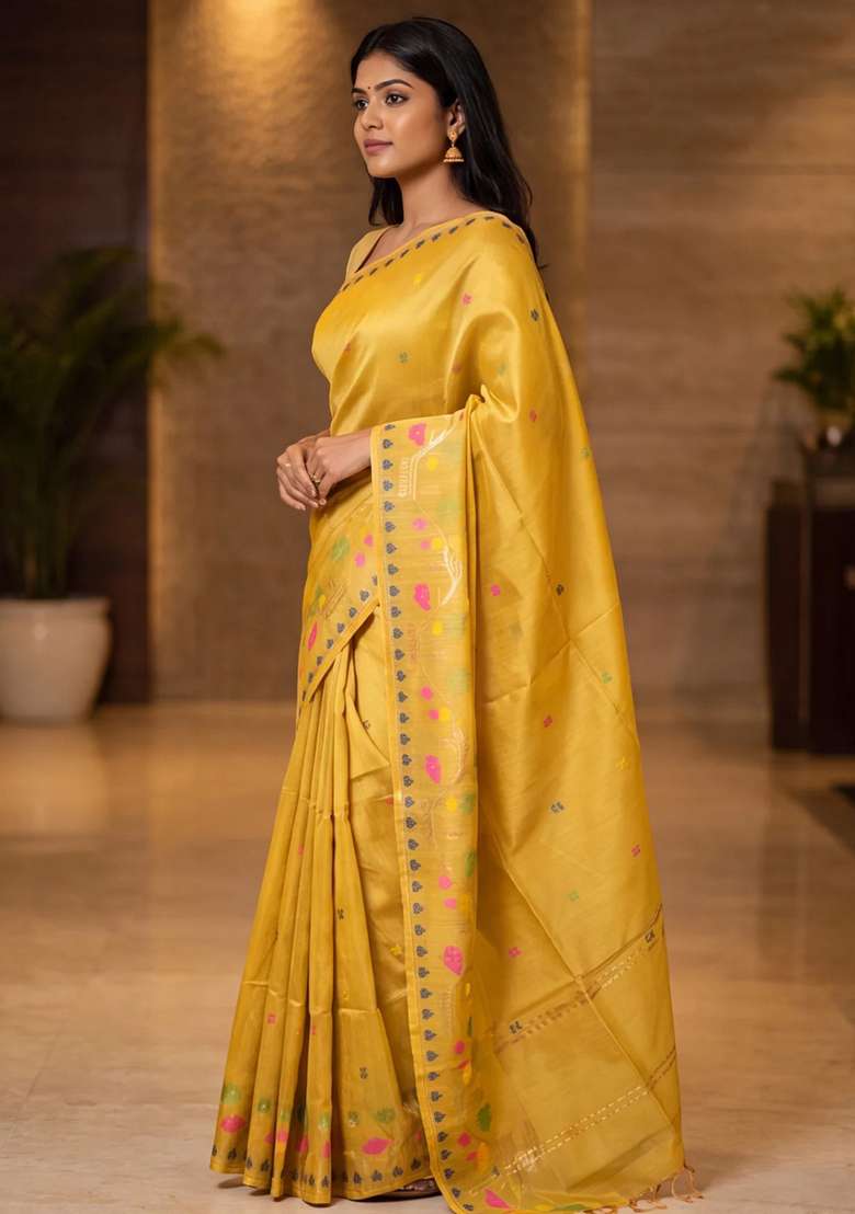 Munga Tussar Silk Saree Mustard Yellow With Thread Woven Buttas And Woven Border With Buttas And Brocade Design For Women - Indya