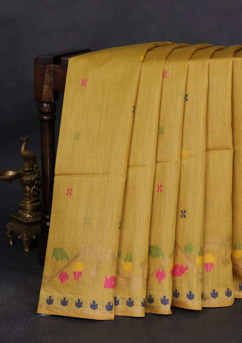 Munga Tussar Silk Saree Mustard Yellow With Thread Woven Buttas And Woven Border With Buttas And Brocade Design For Women - Indya