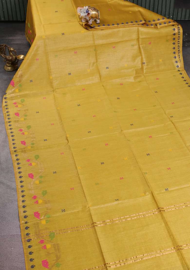 Munga Tussar Silk Saree Mustard Yellow With Thread Woven Buttas And Woven Border With Buttas And Brocade Design For Women - Indya