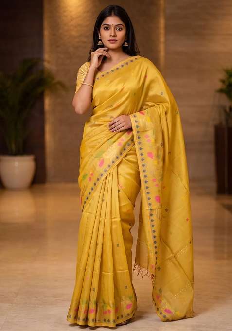 Munga Tussar Silk Saree Mustard Yellow With Thread Woven Buttas And Woven Border With Buttas And Brocade Design For Women