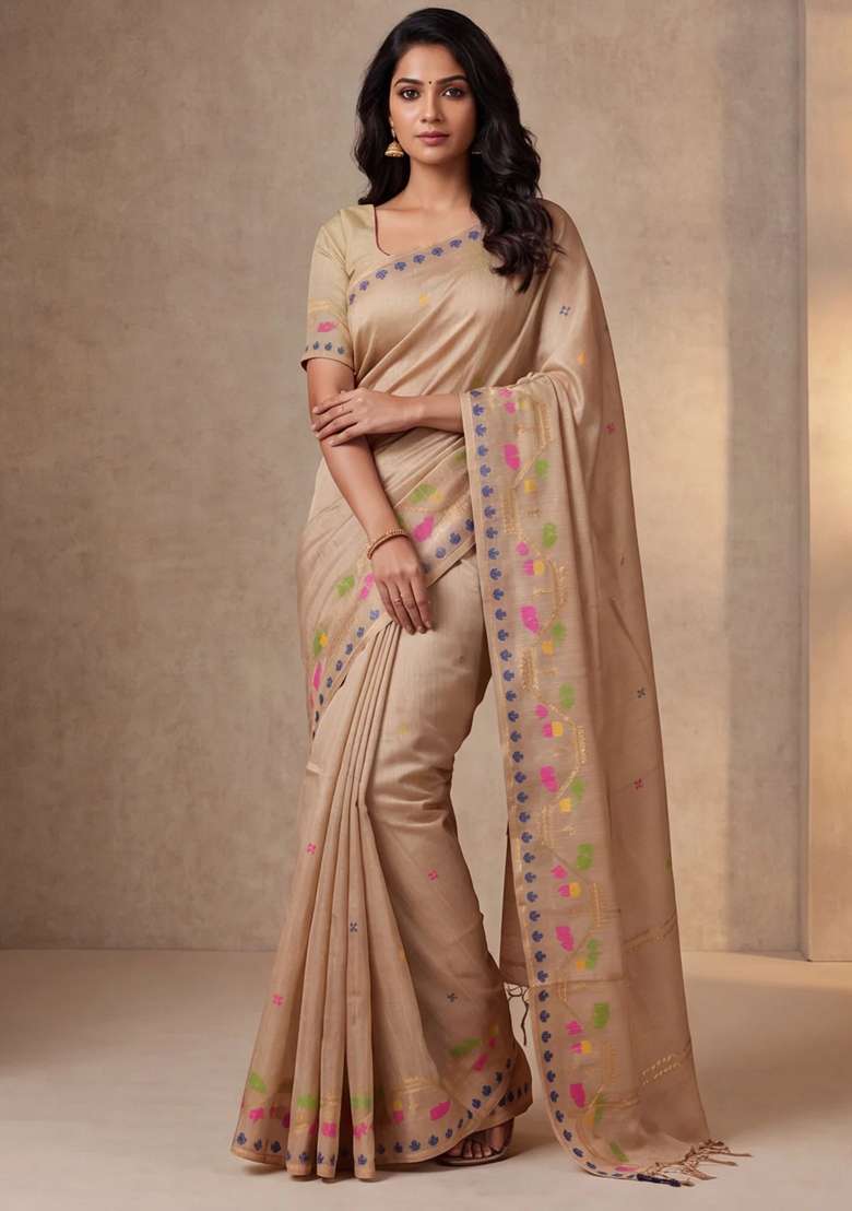 Munga Tussar Silk Saree Sandal With Thread Woven Buttas And Woven Border With Buttas And Brocade Design For Women - Indya