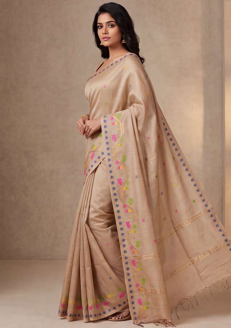 Munga Tussar Silk Saree Sandal With Thread Woven Buttas And Woven Border With Buttas And Brocade Design For Women - Indya
