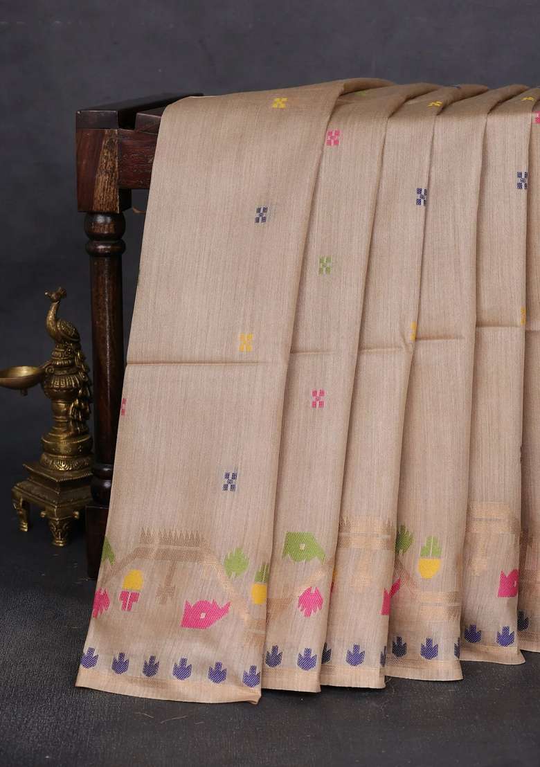 Munga Tussar Silk Saree Sandal With Thread Woven Buttas And Woven Border With Buttas And Brocade Design For Women - Indya