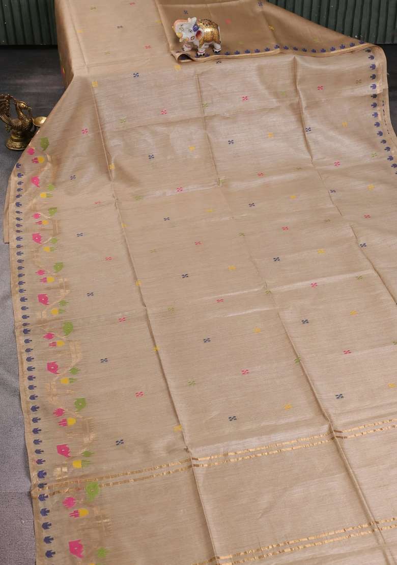Munga Tussar Silk Saree Sandal With Thread Woven Buttas And Woven Border With Buttas And Brocade Design For Women - Indya