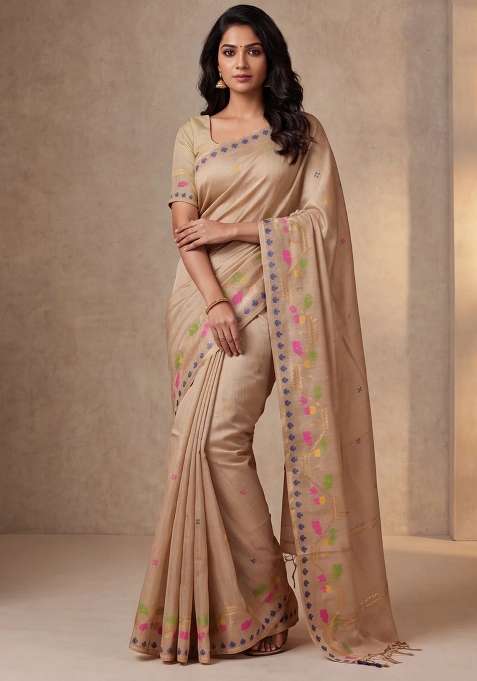 Munga Tussar Silk Saree Sandal With Thread Woven Buttas And Woven Border With Buttas And Brocade Design For Women