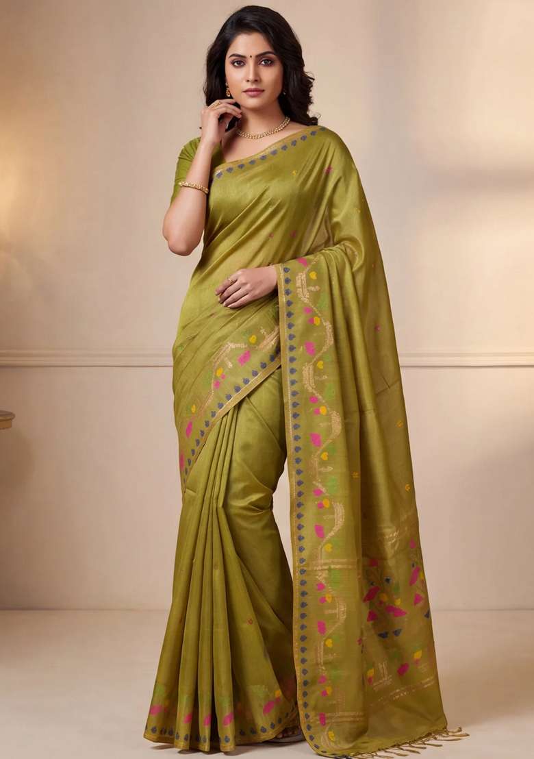 Munga Tussar Silk Saree Lime Yellow With Thread Woven Buttas And Woven Border With Buttas And Brocade Design For Women - Indya