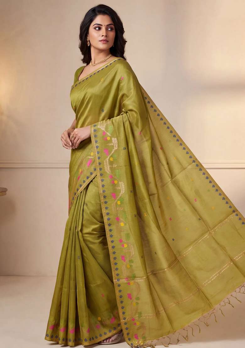 Munga Tussar Silk Saree Lime Yellow With Thread Woven Buttas And Woven Border With Buttas And Brocade Design For Women - Indya