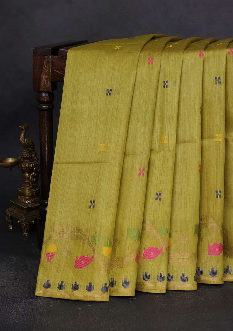 Munga Tussar Silk Saree Lime Yellow With Thread Woven Buttas And Woven Border With Buttas And Brocade Design For Women - Indya