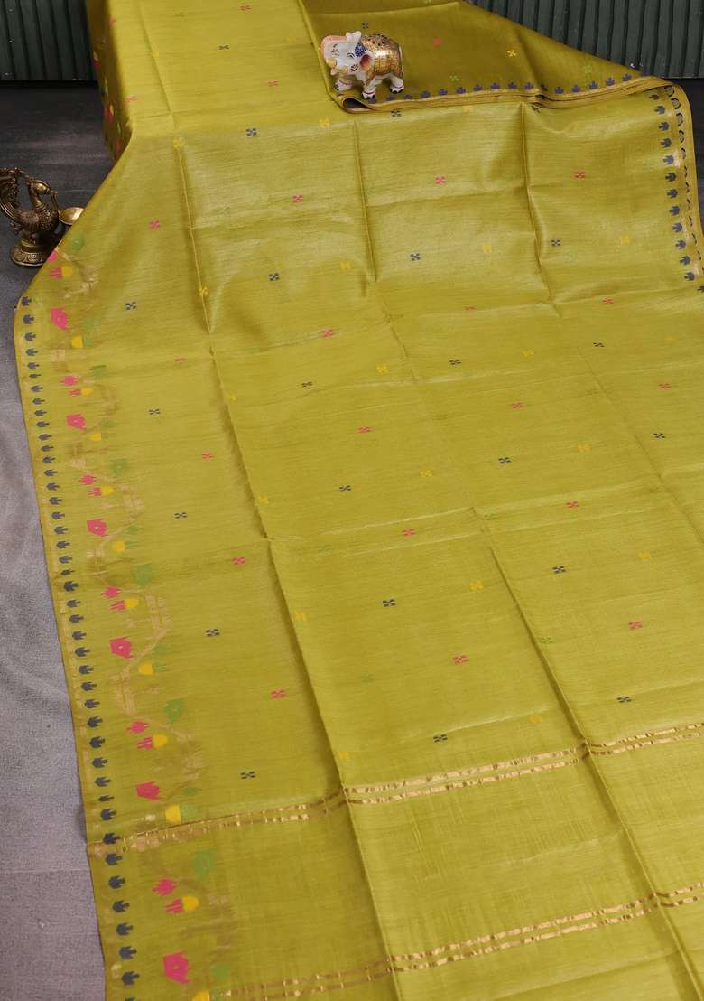 Munga Tussar Silk Saree Lime Yellow With Thread Woven Buttas And Woven Border With Buttas And Brocade Design For Women - Indya