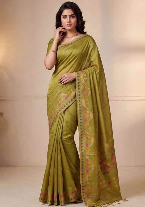 Munga Tussar Silk Saree Lime Yellow With Thread Woven Buttas And Woven Border With Buttas And Brocade Design For Women