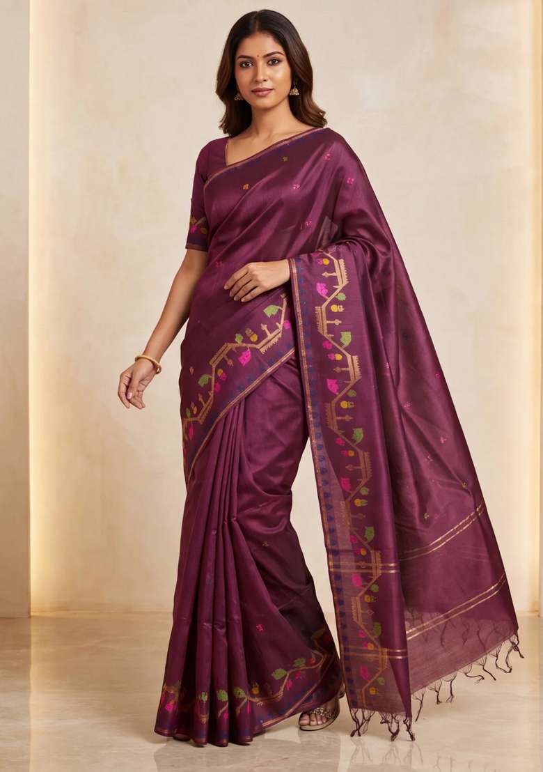Munga Tussar Silk Saree Deep Maroon With Thread Woven Buttas And Woven Border With Buttas And Brocade Design For Women - Indya