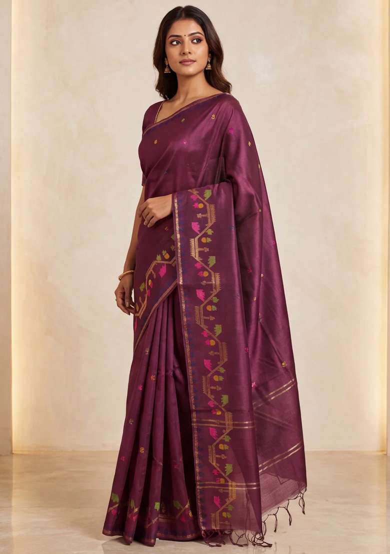 Munga Tussar Silk Saree Deep Maroon With Thread Woven Buttas And Woven Border With Buttas And Brocade Design For Women - Indya