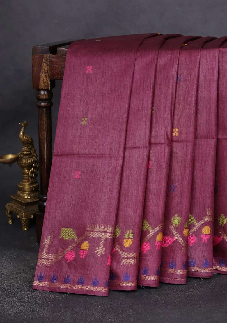 Munga Tussar Silk Saree Deep Maroon With Thread Woven Buttas And Woven Border With Buttas And Brocade Design For Women - Indya