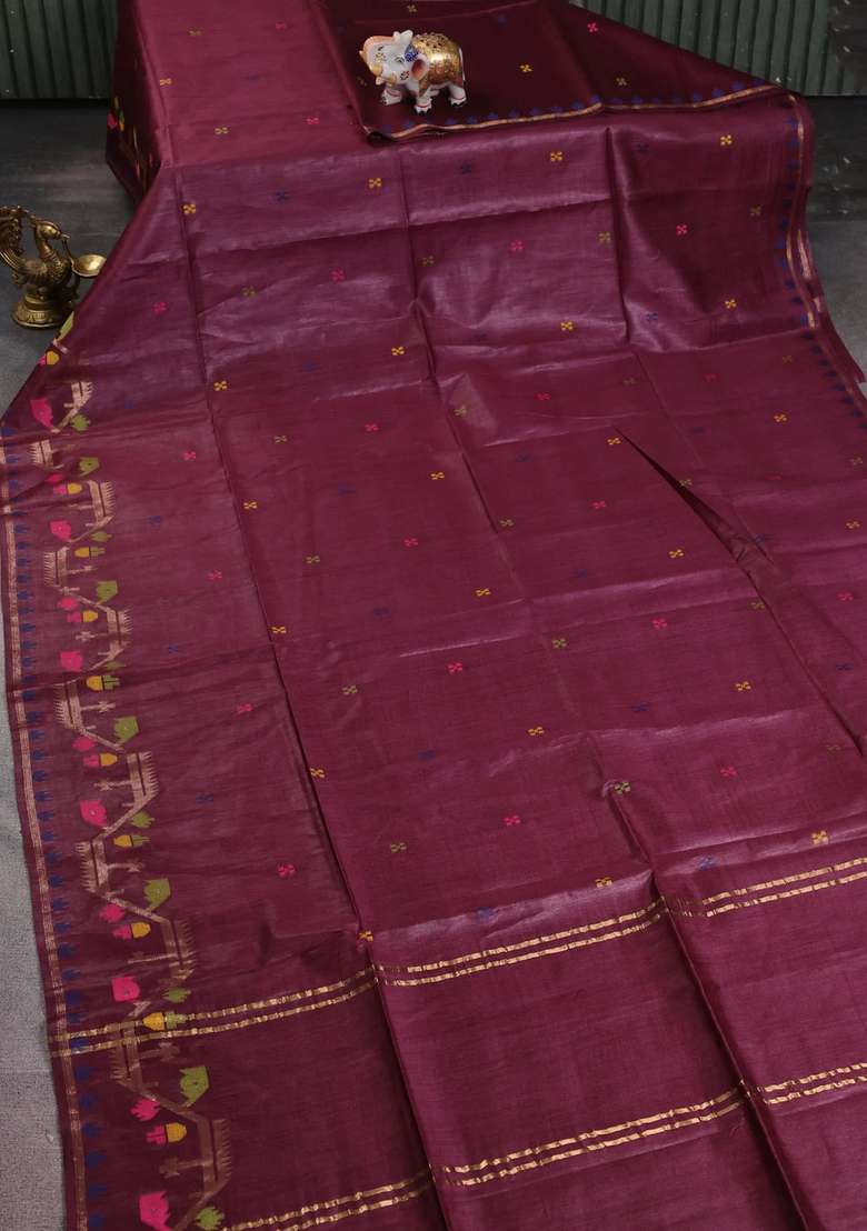 Munga Tussar Silk Saree Deep Maroon With Thread Woven Buttas And Woven Border With Buttas And Brocade Design For Women - Indya