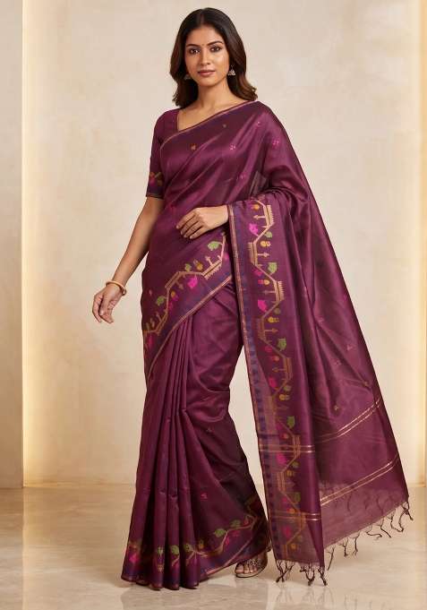 Munga Tussar Silk Saree Deep Maroon With Thread Woven Buttas And Woven Border With Buttas And Brocade Design For Women
