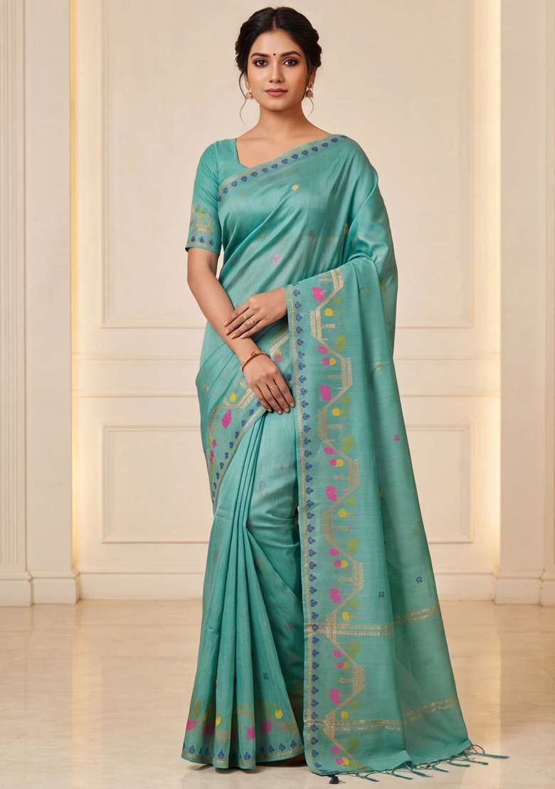 Munga Tussar Silk Saree Pastel Green With Thread Woven Buttas And Woven Border With Buttas And Brocade Design For Women - Indya