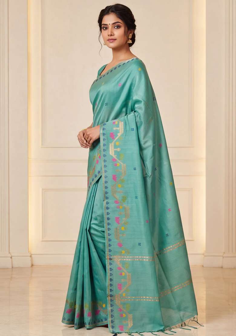 Munga Tussar Silk Saree Pastel Green With Thread Woven Buttas And Woven Border With Buttas And Brocade Design For Women - Indya