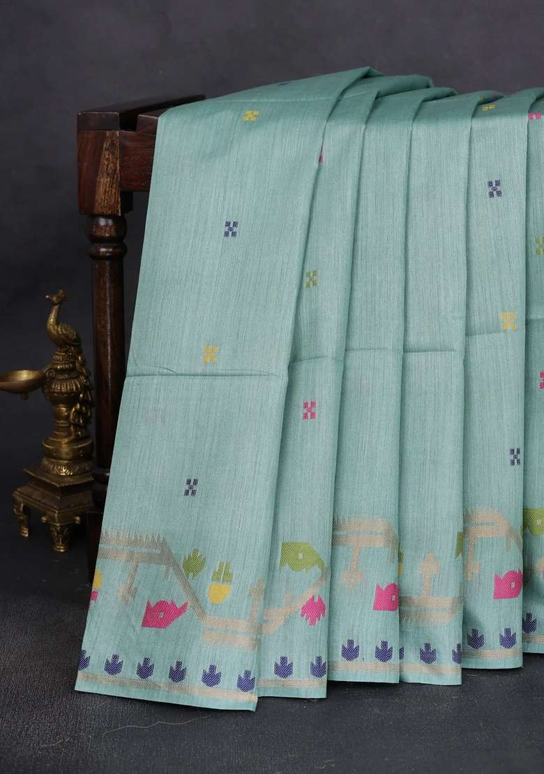 Munga Tussar Silk Saree Pastel Green With Thread Woven Buttas And Woven Border With Buttas And Brocade Design For Women - Indya