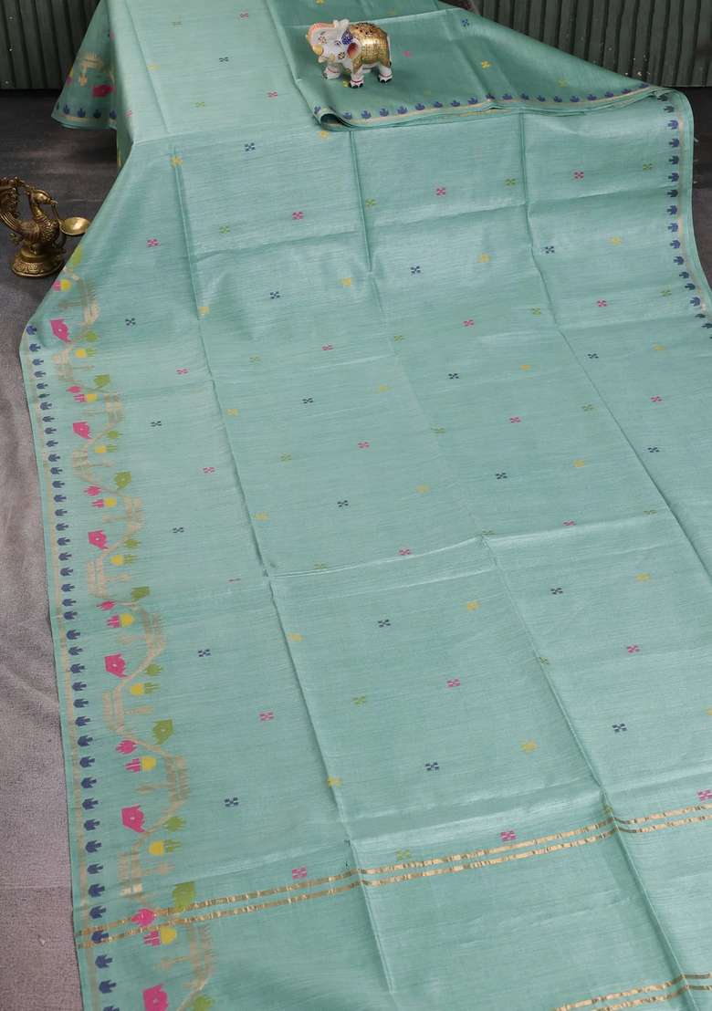 Munga Tussar Silk Saree Pastel Green With Thread Woven Buttas And Woven Border With Buttas And Brocade Design For Women - Indya