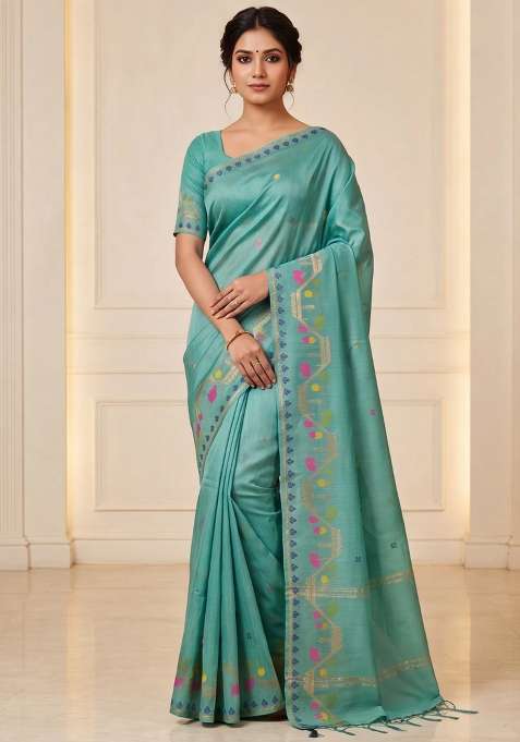 Munga Tussar Silk Saree Pastel Green With Thread Woven Buttas And Woven Border With Buttas And Brocade Design For Women