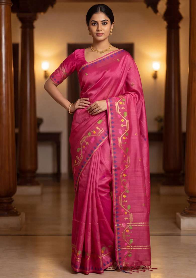 Munga Tussar Silk Saree Maroon With Thread Woven Buttas And Woven Border With Buttas And Brocade Design For Women - Indya