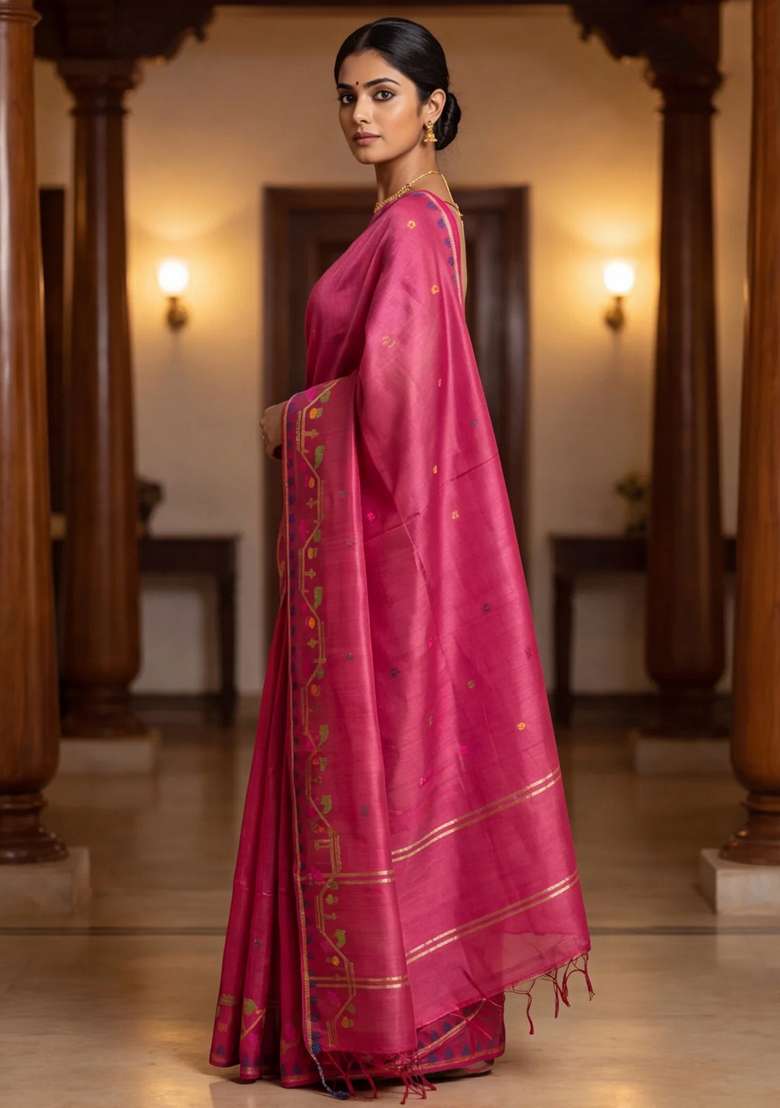 Munga Tussar Silk Saree Maroon With Thread Woven Buttas And Woven Border With Buttas And Brocade Design For Women - Indya